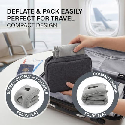 1-Pack Comfortable Inflatable Travel Pillow, Neck Support Air Pillow with Storage Bag for Shoulder and Head Relief, for Airplane Train Car Office Home Use, Grey