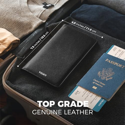 VULKIT Passport Wallet for Travel RFID Blocking Premium Leather - color: Top Grain Black