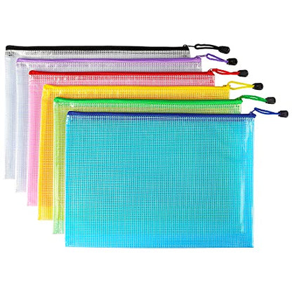 6 Pack Mesh Zipper Pouch Bags, Waterproof Zipper Pouch A4 Size - color: Colorful