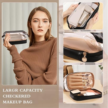 Abiudeng Large Capacity Makeup Bag Ladies Cosmetic Bag Travel Bag with Compartments Portable PU Leather Travel Makeup Bag with Handle - color: Clear-Black