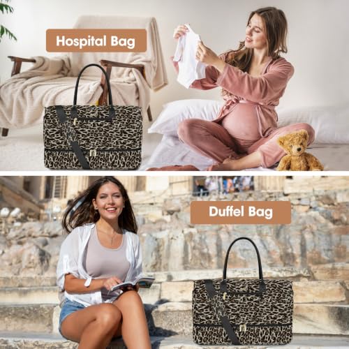 Travel Weekender Bags for Women: Duffel Bag with Shoe Compartment Overnight - color: 32-Brown Leopard Print, size: 40L-Large