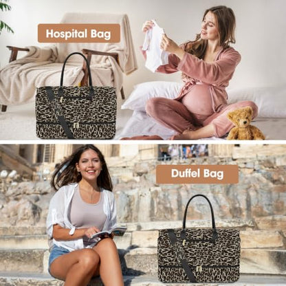 Travel Weekender Bags for Women: Duffel Bag with Shoe Compartment Overnight - color: 32-Brown Leopard Print, size: 40L-Large