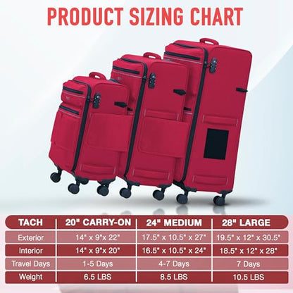TACH LITE Samba Softside 3 Piece Luggage Set 20/24/28 Inch | Connectable Suitcases with Spinner Wheels | Lightweight Travel Suitcase with Wheels Carry On & Checked Bags | Soft Sided Luggage Set (Red) - color: Red, size: 3-Piece Set