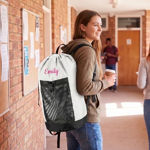 Personalized Laundry Bag Heavy Duty Custom Graduation University XL Bag Backpack with Hanging Shoulder Strap & Mesh Pocket - Back to School College Graduation Gift - Choose Your Font & Thread Color - color: White