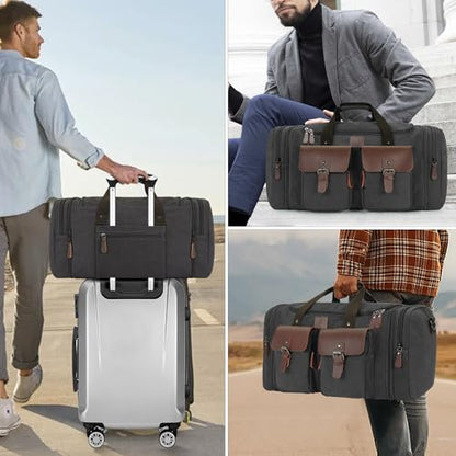 Canvas Duffle Bag for Men - 60L Expandable Travel Duffel Bags - color: Black, size: X Large-60L