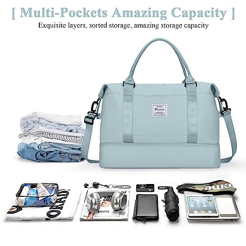 Travel Duffel Bag with Shoes Compartment, Weekender Bags for Women - color: B-Light Blue, size: Large