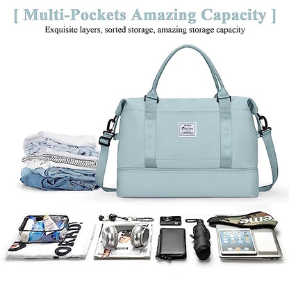 Travel Duffel Bag with Shoes Compartment, Weekender Bags for Women - color: B-Light Blue, size: Large