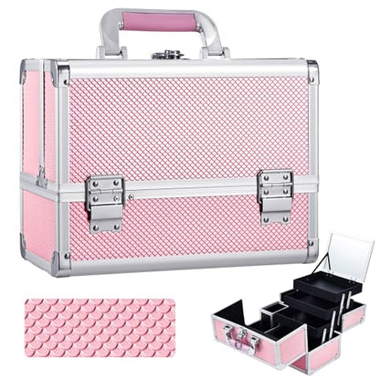Joligrace 3-Tray Makeup Case with Mirror & Brush Holder, 11.6" Mermaid Pink - color: Pink Mermaid