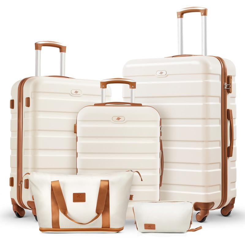 Suitour Luggage Sets 5 Piece, 20, 24, 28 inch Hardside Carry-on and Checked Suitcase Set with Travel Duffle Bag Sets（Beige Tan） - color: Beige Brown, size: 5 Piece Sets(20+24+28)