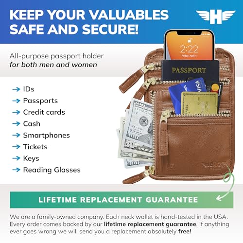 HERO Neck Wallet, RFID Blocking Vegan Leather Passport Holder Travel Pouch (Tan) - color: Tan