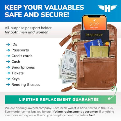 HERO Neck Wallet, RFID Blocking Vegan Leather Passport Holder Travel Pouch (Tan) - color: Tan