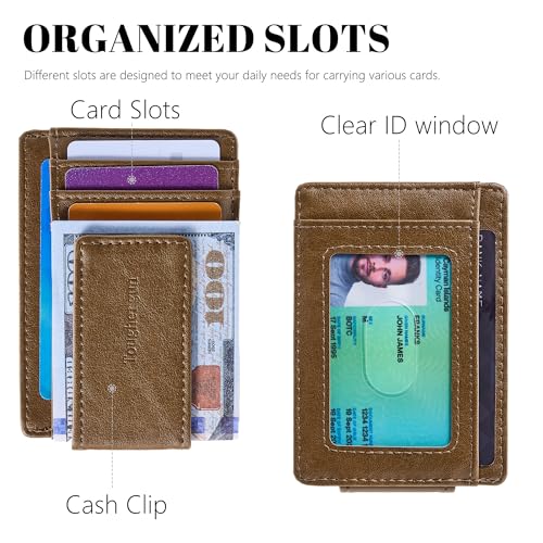Toughergun Slim Wallet for Men RFID Blocking Money Clip, Minimalist Front Pocket Credit Card Holder, Magnetic Thin Mens Wallets with ID Window - color: Wax Brown