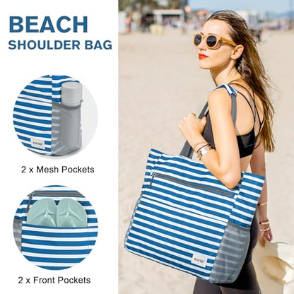 G4Free Beach Bag, Waterproof Sandproof Large Capacity Foldable for Women - color: Navy Stripe, size: 35L