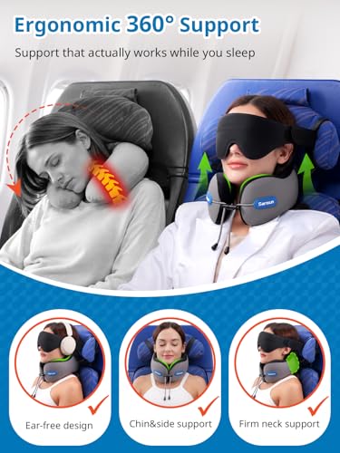SARISUN Travel Neck Pillow with Strap & Eye Mask for Airplane Sleep Support - color: Grey&black