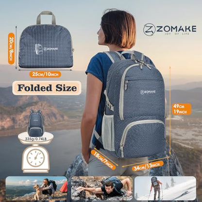 ZOMAKE Lightweight Packable Backpack 30L, Foldable Travel Hiking Daypack - color: B-plaid Royal Blue