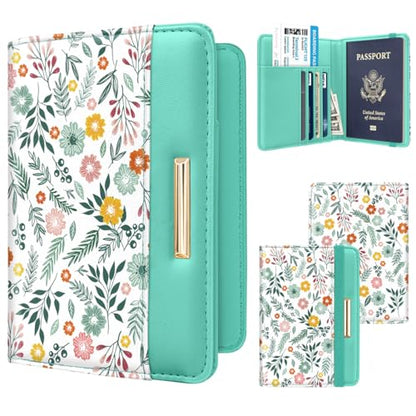 Coco Rossi Passport Holder for Travel Women Slim RFID Passport Cover Wallet - color: Green Daisy