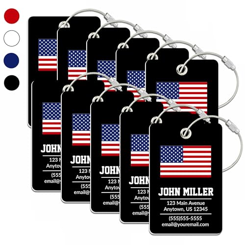 Personalized Luggage Tag with American Flag | 10 Pack | Custom Luggage Tags for Suitcases | Kids Backpack Tag | 4 Color Options & Choose Font, Font Color - color: Black, size: 10 pack - Large
