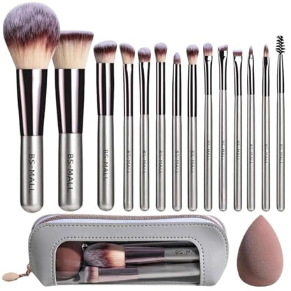 Travel Makeup Brush Set with Case & Sponge for Foundation Powder Blush 14 - color: Champagne