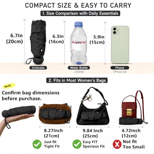BAODINI Mini Travel Umbrella with UV Sun Protection, Compact Pocket-Size - color: A-2 Pack Black