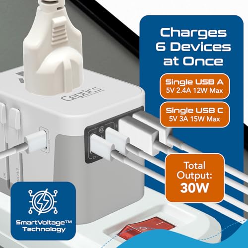Ceptics Universal Travel Adapter, 3 USB-C + 2 USB-A with Universal Input - color: Smoke White