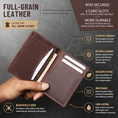 FOXHACKLE Full Grain Leather Credit Card Holder for Men and Women, Slim Bifold RFID Blocking Wallet, Thin Front Pocket Minimalist Wallet, Small Card Case. - color: Hunter Coffee Brown