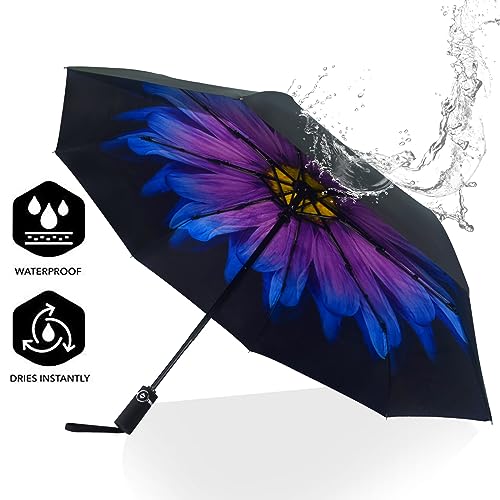 SY COMPACT Travel Umbrella for Rain, Windproof Automatic Compact Umbrella - color: purple flower