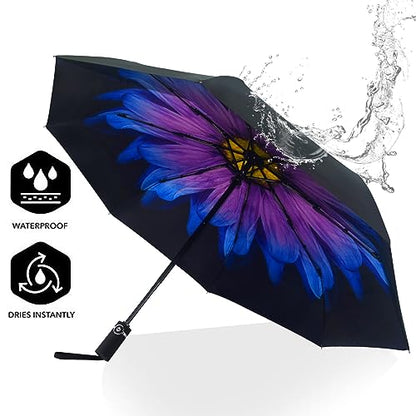 SY COMPACT Travel Umbrella for Rain, Windproof Automatic Compact Umbrella - color: purple flower