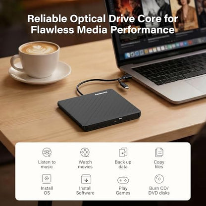 Amicool External USB-C USB 3.0 CD/DVD Drive Burner +/-RW, Ultra-Slim Portable DVD Player Writer Reader for Mac iMac MacBook, Windows 11/10/8 Linux, Laptop Desktop PC Computer Optical Drive - size: Ultra-Slim