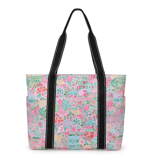 Tote Bag for Women with LaptopCompartment & Cup Holder - color: Pink Oasis