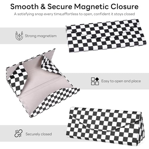 Sunglasses Case, Foldable Glasses Case, Magnetic PU Leather Hard Shell Folding Eyeglass Holder Box - color: Mosaic Grid