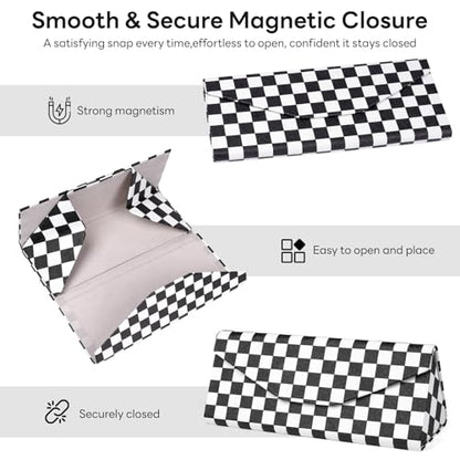 Sunglasses Case, Foldable Glasses Case, Magnetic PU Leather Hard Shell Folding Eyeglass Holder Box - color: Mosaic Grid
