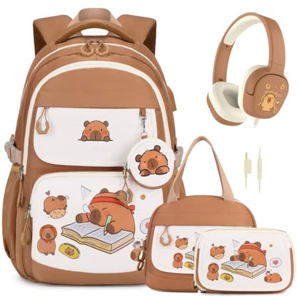 4PCS Capybara Theme Backpack for Girls with Wired Headphones | with Lunch Box & Pencil Case, Cute Girls Backpack Kawaii Bookbag for Girls Kingdergarten Teens Elementary School Student - color: Khaki