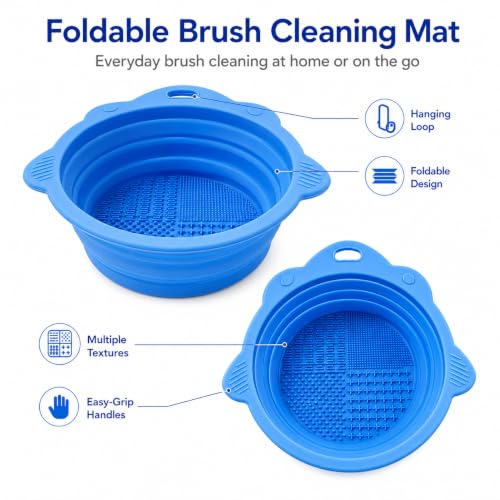 1 Pack Silicone Makeup Brush Cleaning Mat, Foldable Blue Textured Cleaner Pad with Hanging Loop, Portable Brush Wash Tool for Cosmetic Brushes