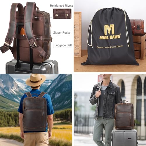 Masa Kawa Brown Leather Laptop Backpack for Men 16 Inch Compute Work Bag - color: Dark Brown