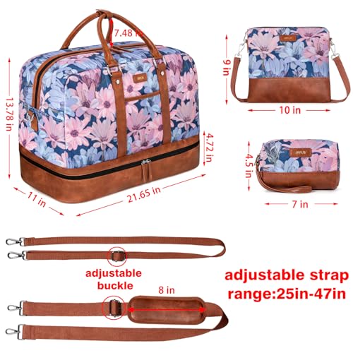 IBFUN Weekender Bags for Women, 3PCS Travel Set with Shoe Compartment 21.6 - color: A07-brown+blue flower