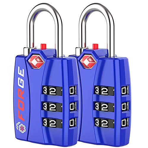 Forge TSA Locks 2 Pack - Open Alert Indicator, Alloy Body and Hardened Steel Shackle with Re-settable 3-Digit Combination - color: Blue 2Pk