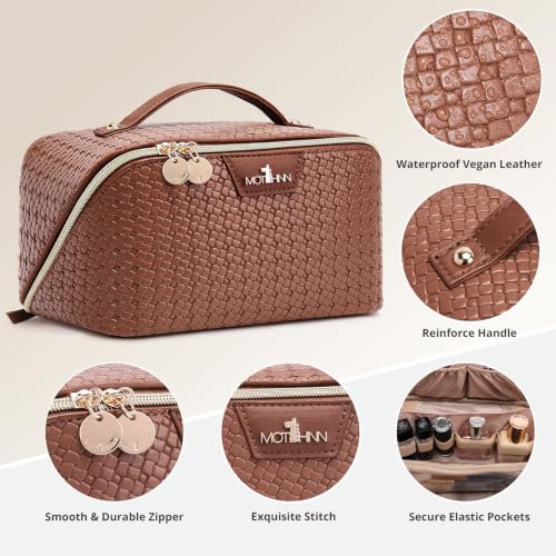 Travel Makeup Bag for Women: 3 Pcs Set Vagen Leather Cosmetic Bag - color: 07Brown