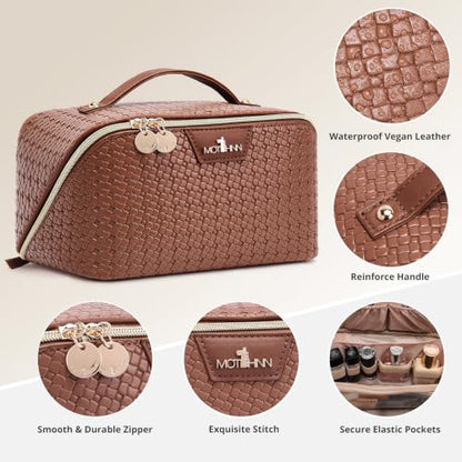Travel Makeup Bag for Women: 3 Pcs Set Vagen Leather Cosmetic Bag - color: 07Brown