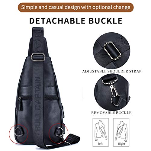 BULLCAPTAIN Genuine Leather Sling Bag for Men XB-129 | USB Charging Port, Multi-pocket, Chest Bag, Hiking Travel Daypack - color: Magic Black