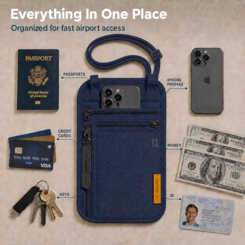 VENTURE 4TH Slim Neck Wallet, RFID Blocking Passport Holder - Navy - color: Navy Blue