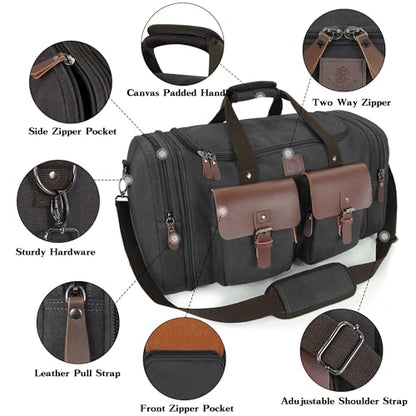 Canvas Duffle Bag for Men - 60L Expandable Travel Duffel Bags - color: Black, size: X Large-60L