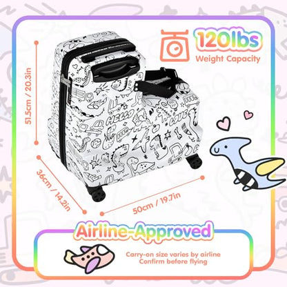 smilesun 20" Kids Ride On Luggage with DIY Coloring, Durable Lightweight Carry On Travel Suitcase with Spinner Wheels, TSA Lock