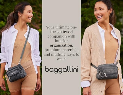 Baggallini Triple Zip Small Crossbody Bag for Women - Lightweight Convertible Fanny Pack Belt Bag - color: Charcoal, style: Slim Strap