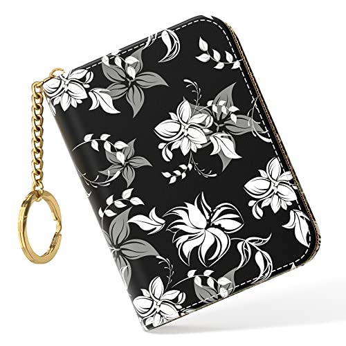 Nipichsha Women's Slim Leather RFID Wallet, Black Flower, Compact Size, 12-Slot with Zipper and Keychain - color: Black Flower