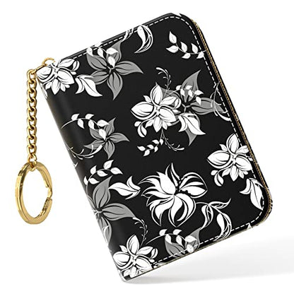 Nipichsha Women's Slim Leather RFID Wallet, Black Flower, Compact Size, 12-Slot with Zipper and Keychain - color: Black Flower