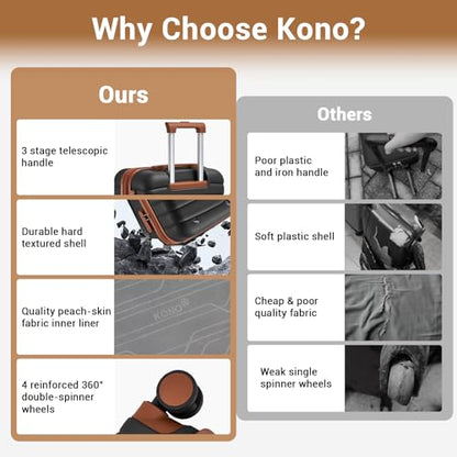 Kono Expandable Carry On Luggage 22x14x9 Airline Approved with Spinner Wheels, 20 Inch Durable PC+ABS Hardshell Travel Suitcase Rolling Luggage with Lock, Black/Brown - color: Black/Brown, size: Carry-on 20-inch