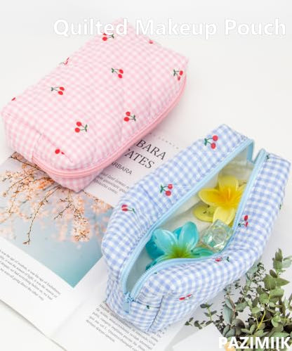 PAZIMIIK Small Quilted Makeup Bag,Zipper Cosmetic Pouch,Gingham Blue Cherry - color: Gingham Blue Cherry
