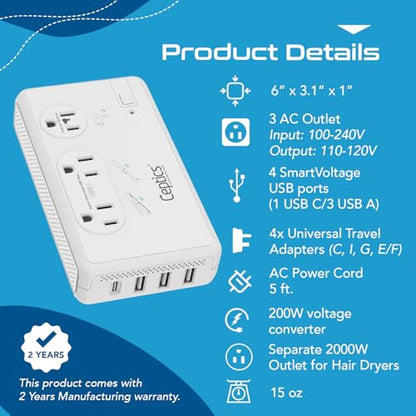 Ceptics 220V to 110V Converter,2X 200W + 1x 2000W, USB-C PD 18W, 4 USB - color: Beige