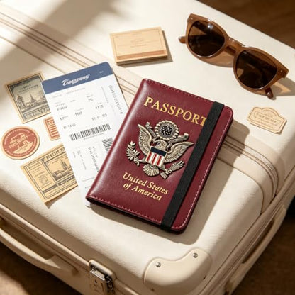 Premium Passport Holder for Travel RFID Blocking Passport Cover Slim - color: Wine Red