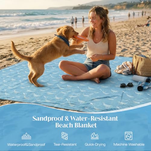 OIGAE Beach Blanket Waterproof Sandproof Oversized Beach Mat - color: Light Blue Whale, size: 7x7 Ft (2～4 person)